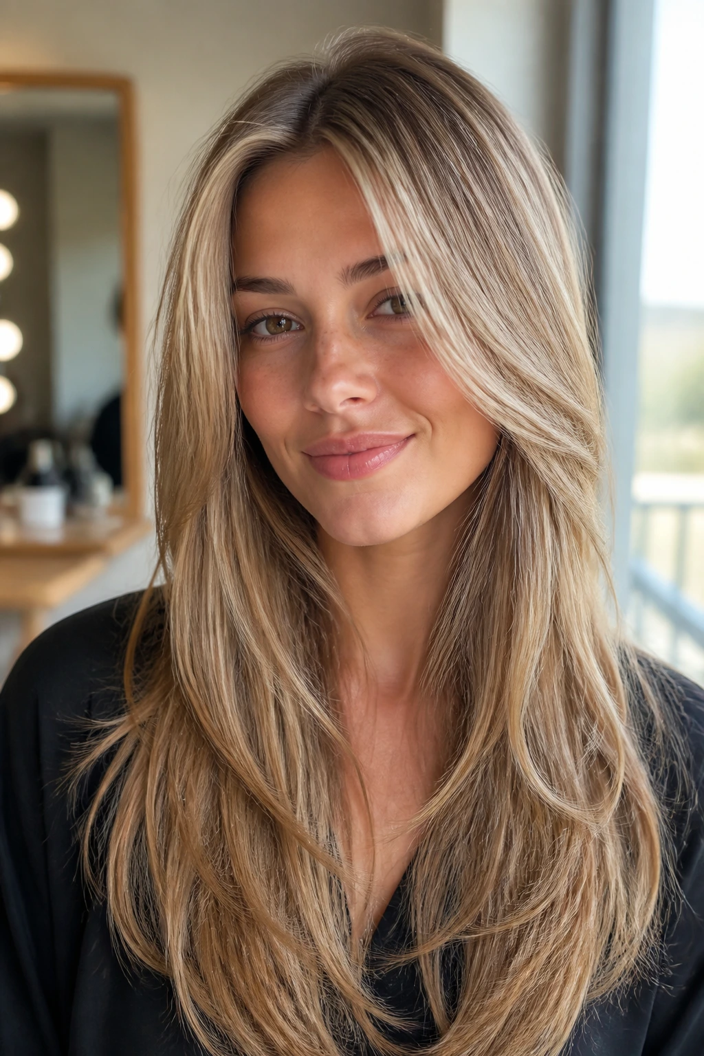 Close-up of a real woman with invisible layers in fine, long hair.