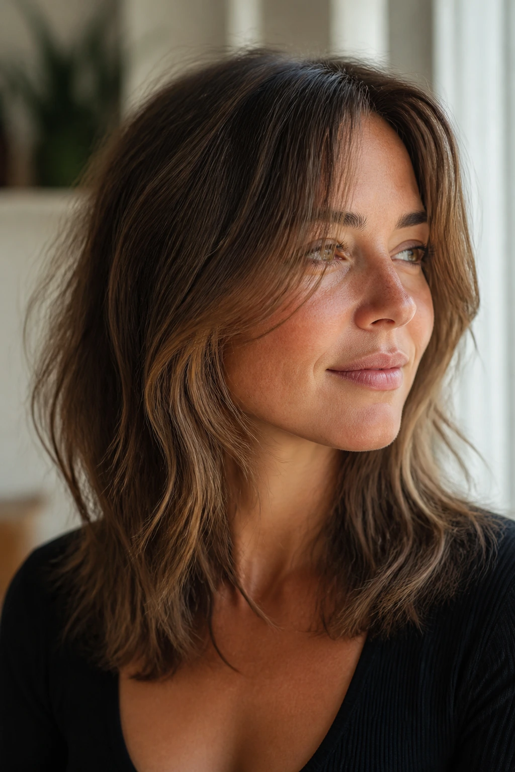 Close-up of a woman with invisible layers for fine hair, face framing length and crown lift