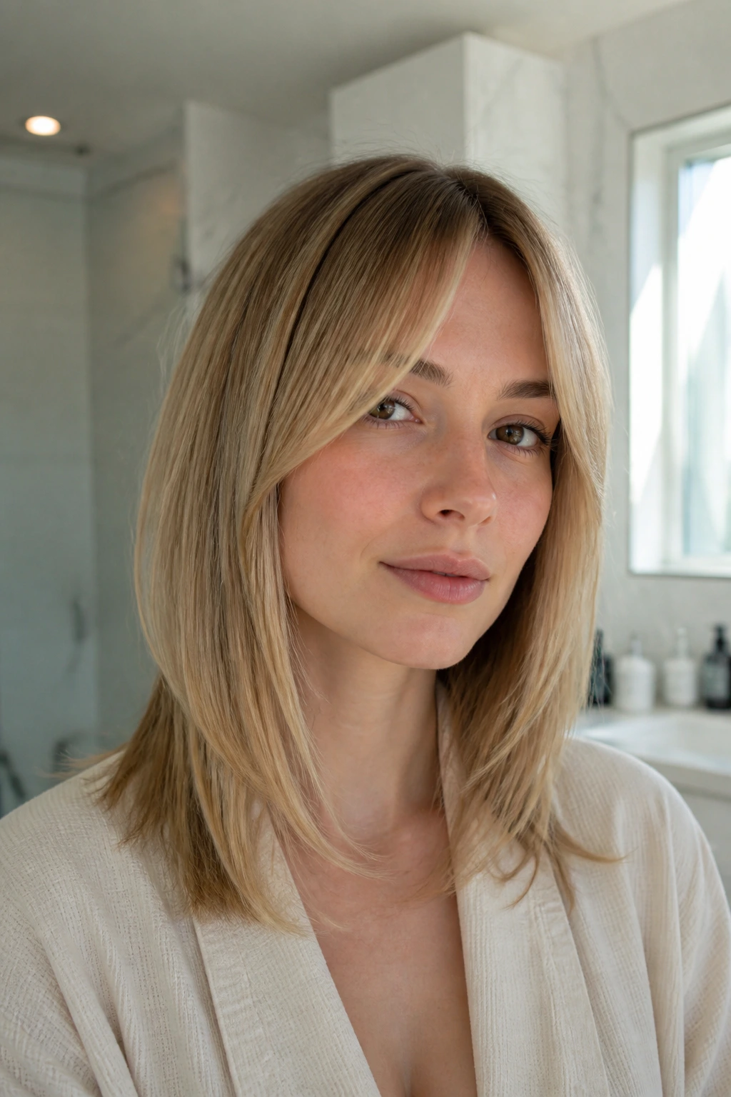 Close-up of fine hair with invisible layers and curtain bangs