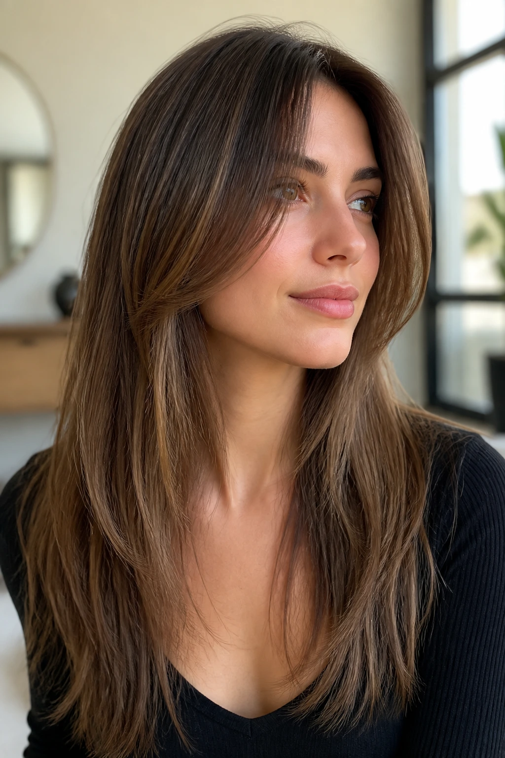 Close-up of a real person with invisible layers in fine hair showing lift at the cheeks