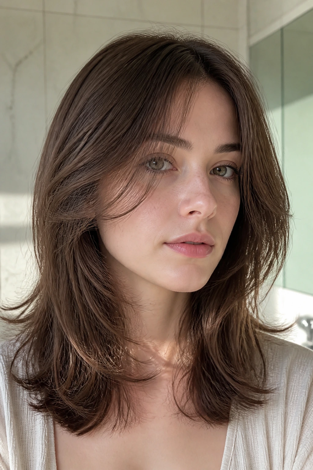 Real woman with fine brunette hair showing invisible layers in bright natural light