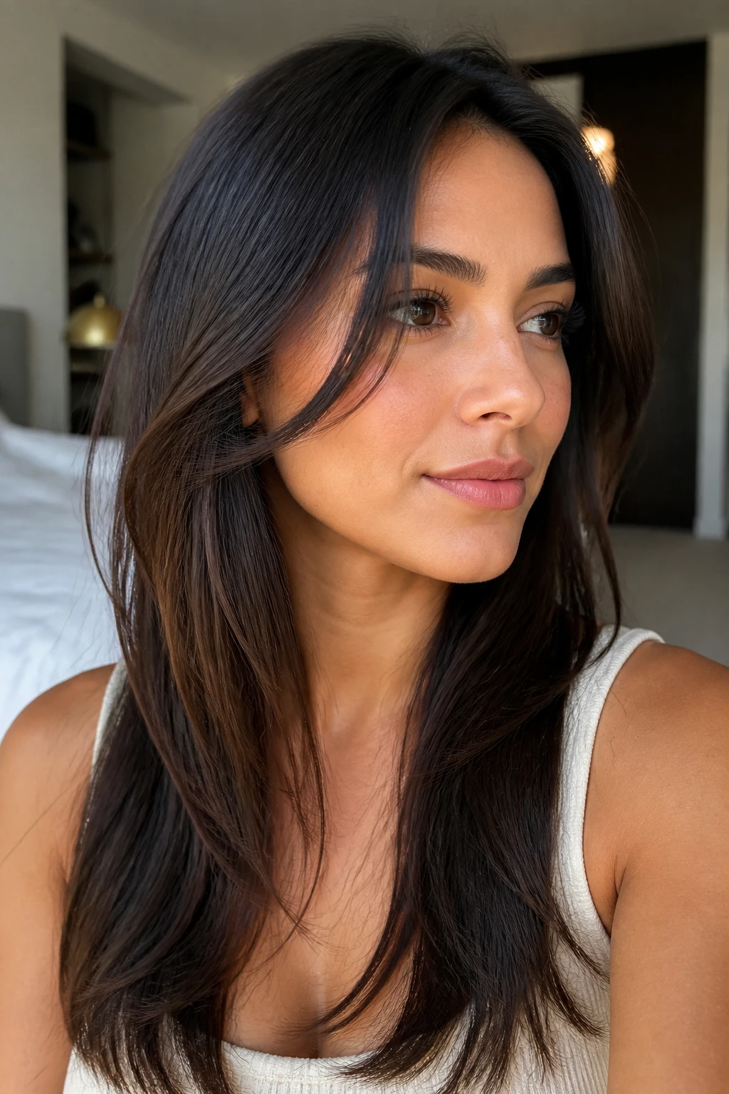 Close-up of a woman with invisible layers providing lift without obvious edge.