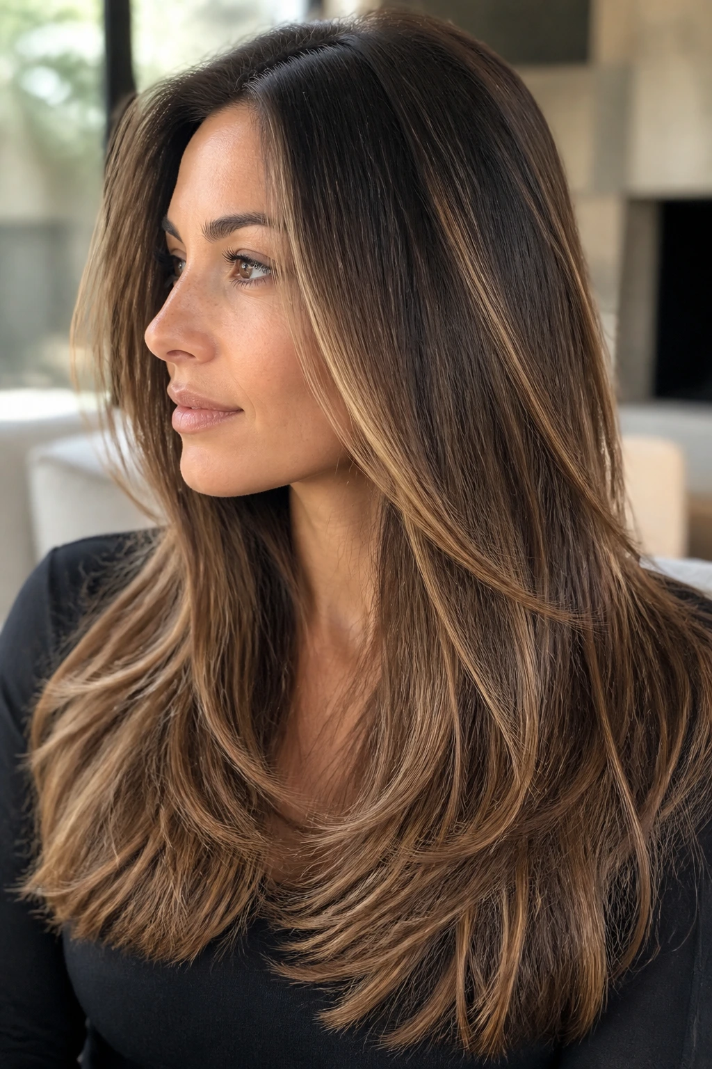 Close-up portrait of a real woman with invisible layers on long hair and caramel highlights
