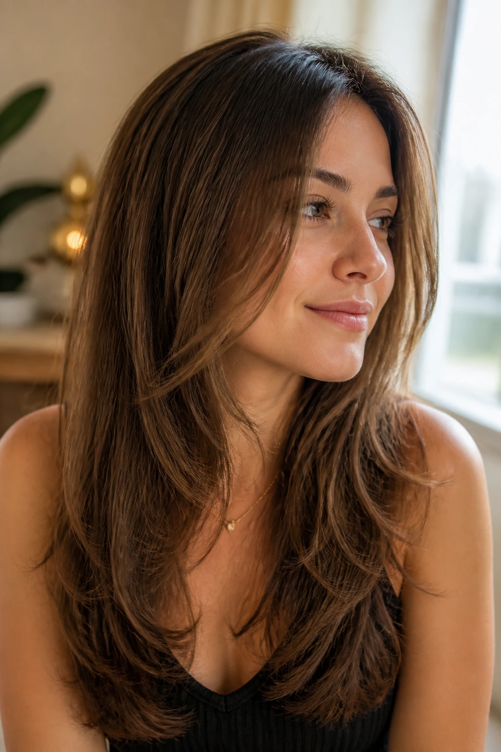 Close-up of a real woman with invisible interior layers in fine hair