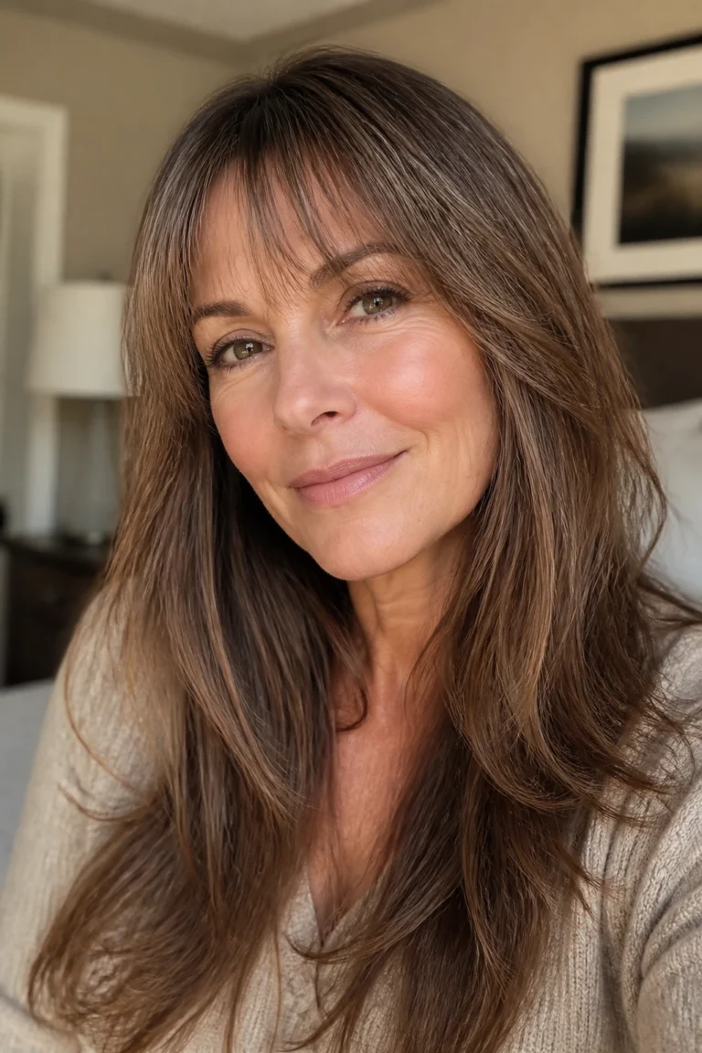 25 Long Textured Layers with Bangs for Women Over 50