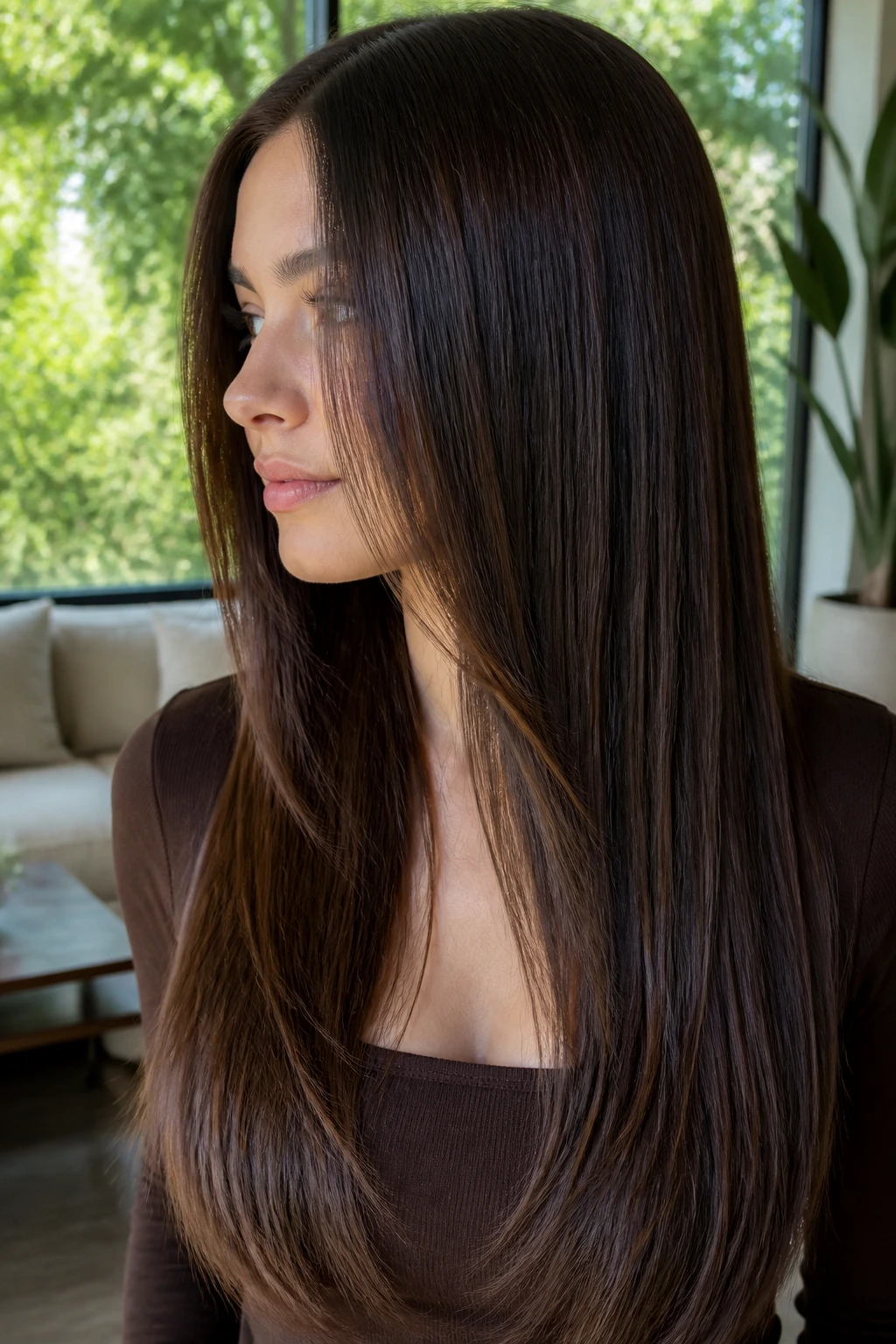 Close-up of a real woman with glassy straight hair and invisible layers