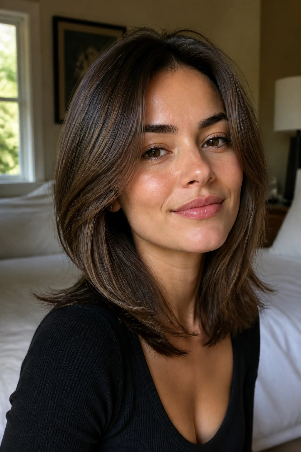 Real woman with invisible interior layers maintaining a clean facial outline