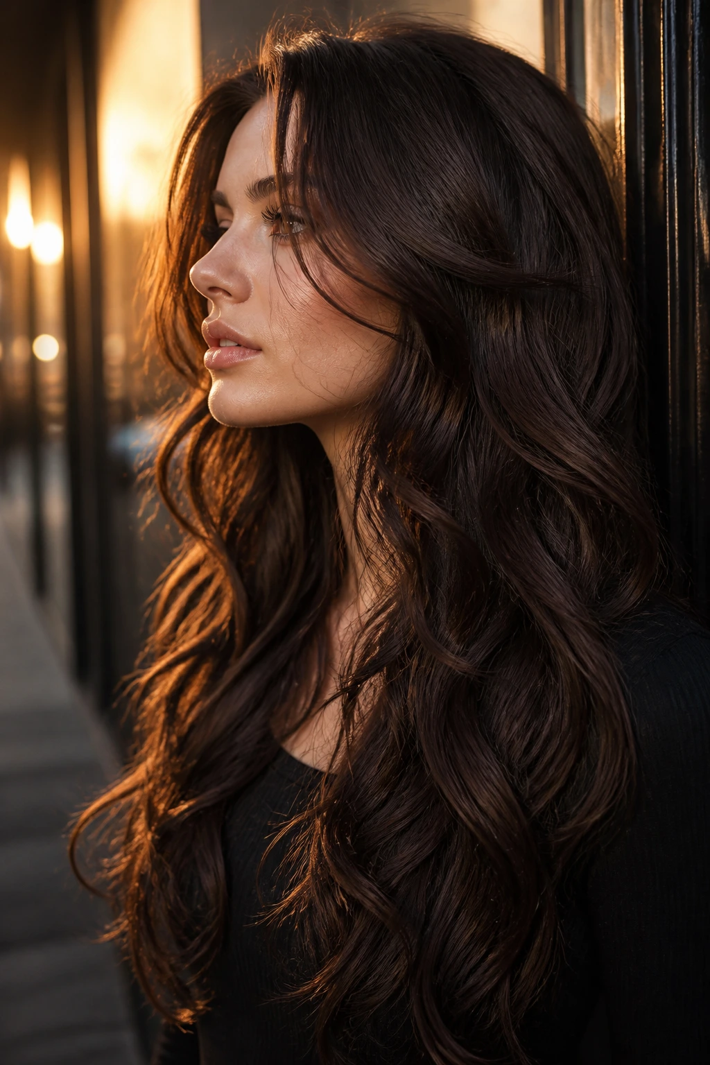 Real woman with long invisible layers enhancing heavy wave patterns.