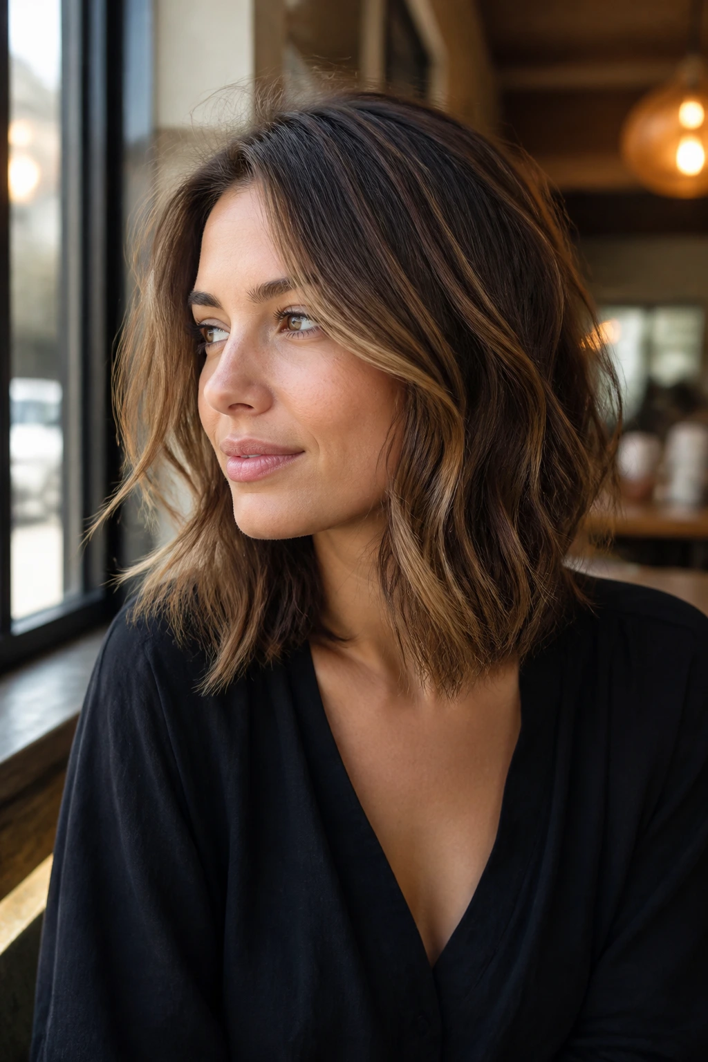 Portrait of real woman with invisible-layer lob showing clean perimeter