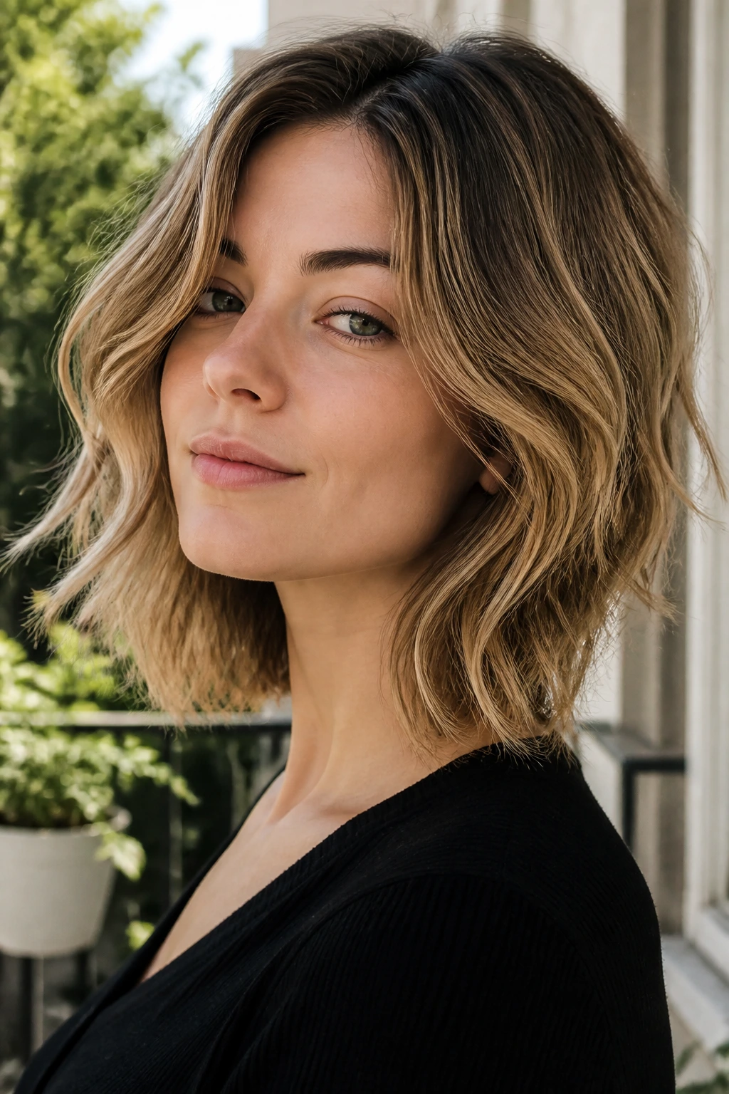 Real woman with an invisible-layer lob showing inner movement in waves
