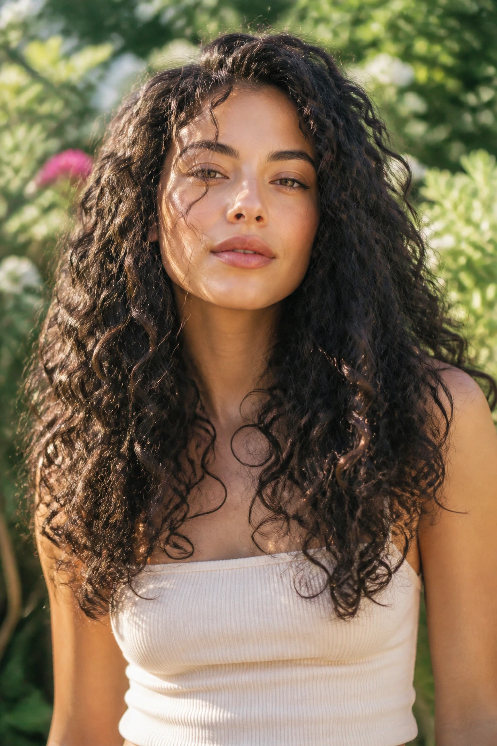 Close-up of a person with long curls showing invisible layers reducing bulk
