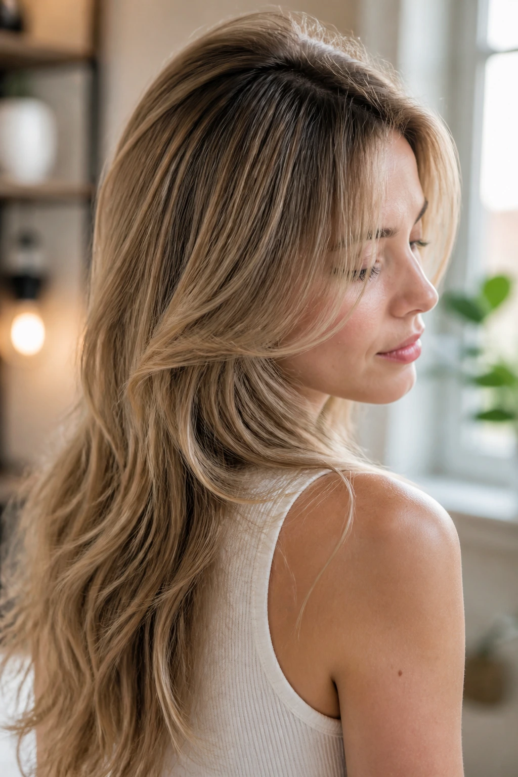 Close-up of a woman with long fine hair showing hidden layers around the crown