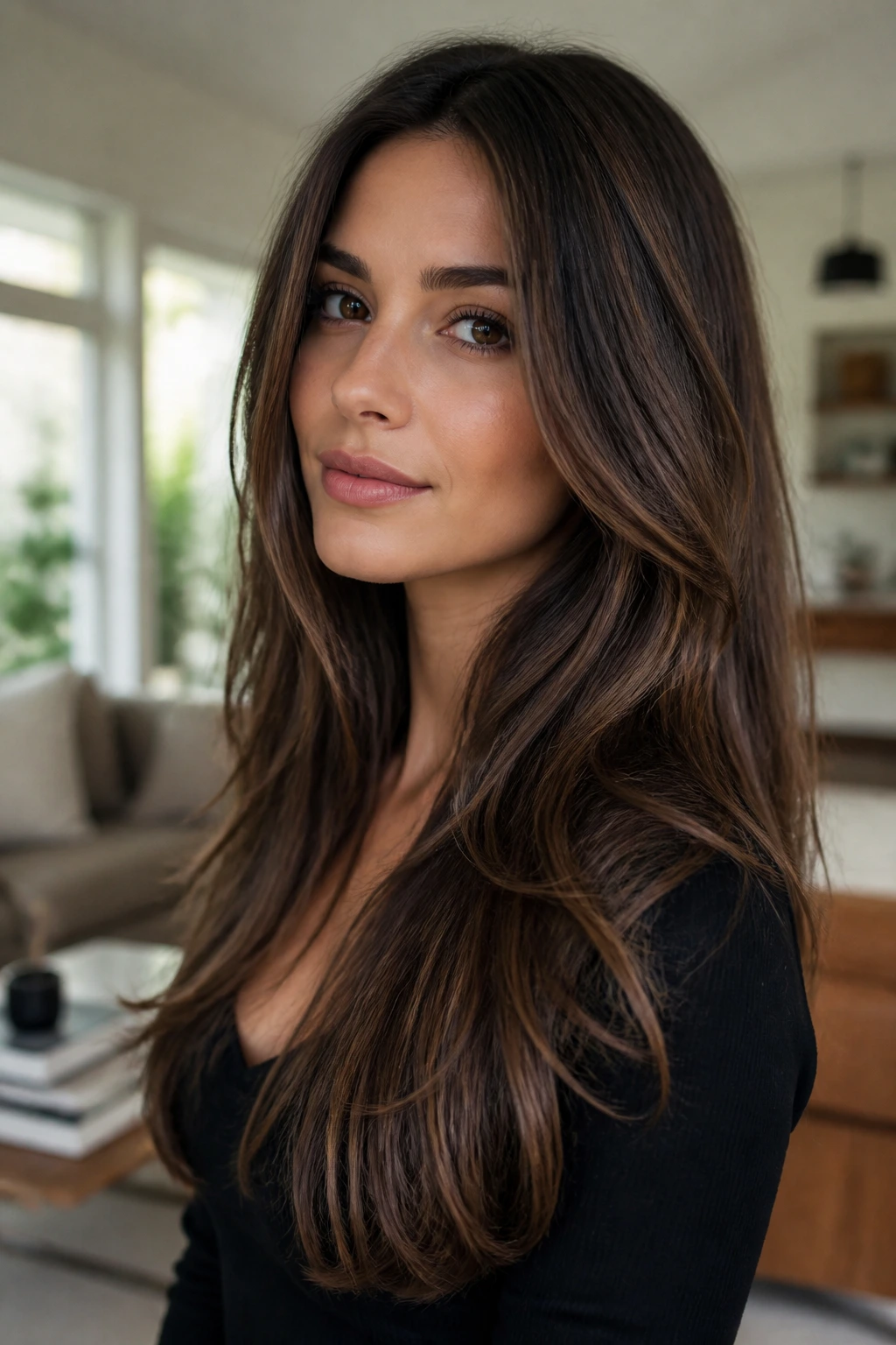 Close-up of long hair with invisible interior layers on a real person