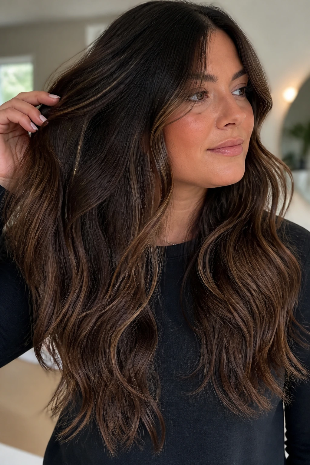 Real woman with long wavies showing invisible layers keeping length