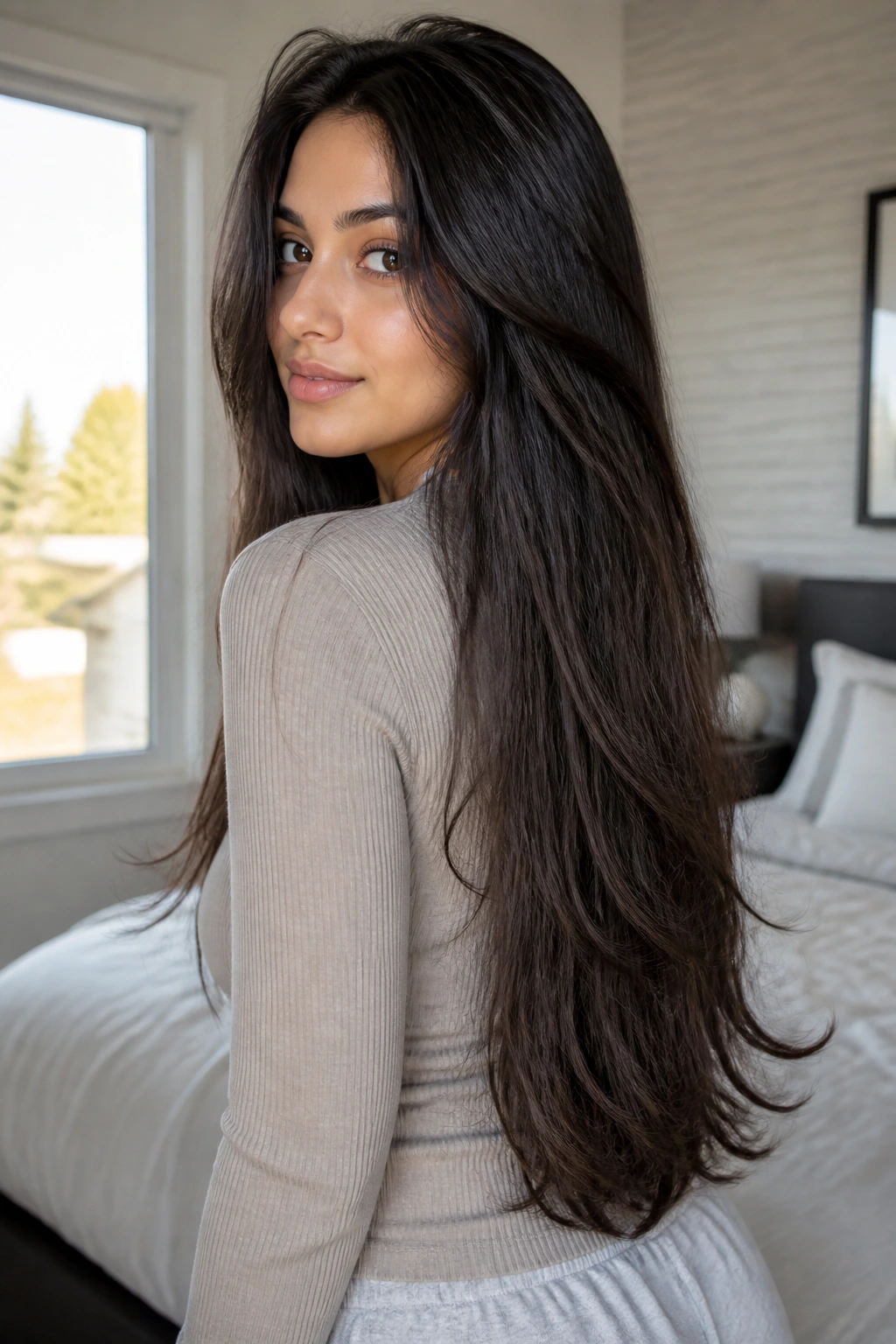 Medium close-up portrait of woman with invisible layers hairstyle