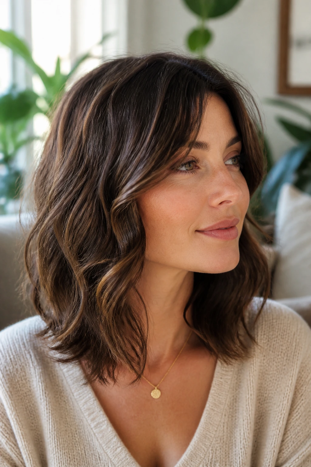 Close-up of a real woman with invisible layers in a medium-length wavy cut