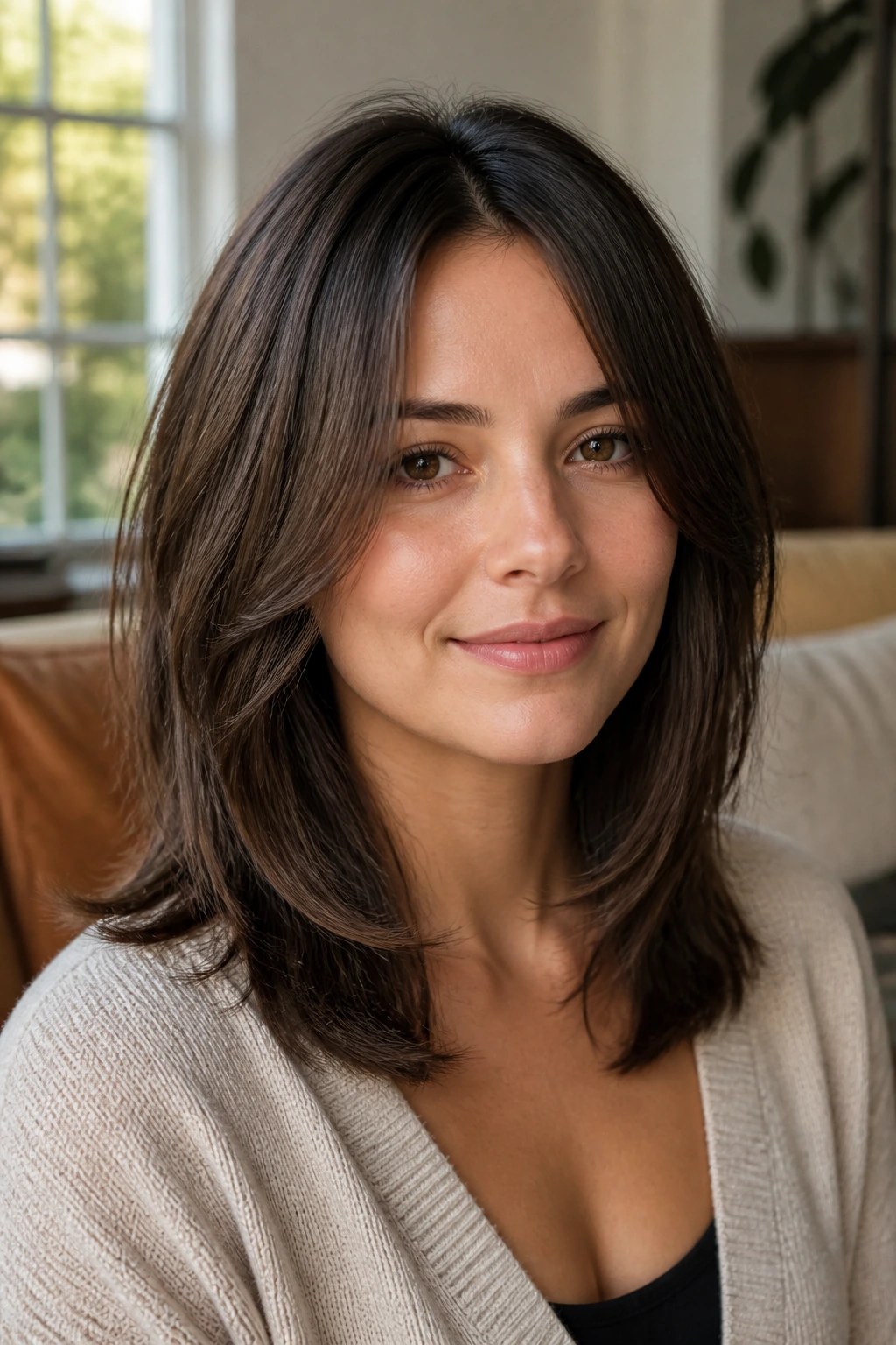Close-up of a real woman with mid-length hair showing invisible internal layers and a smooth perimeter