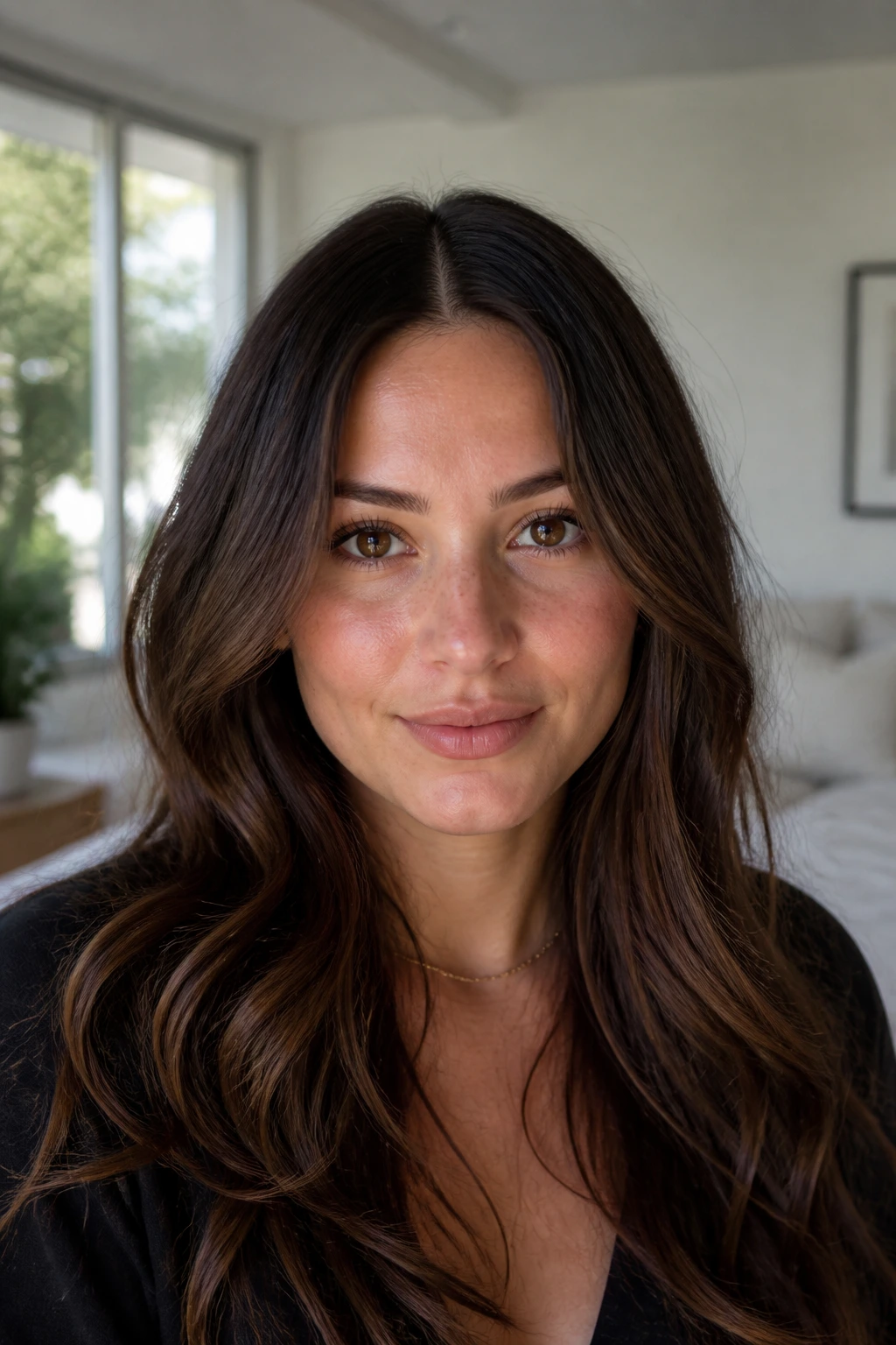 Close-up portrait of a real woman with invisible layers and a middle part in soft waves.