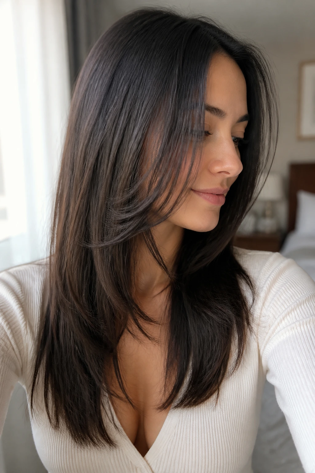 Close-up of a real woman with invisible interior layers creating low-key movement
