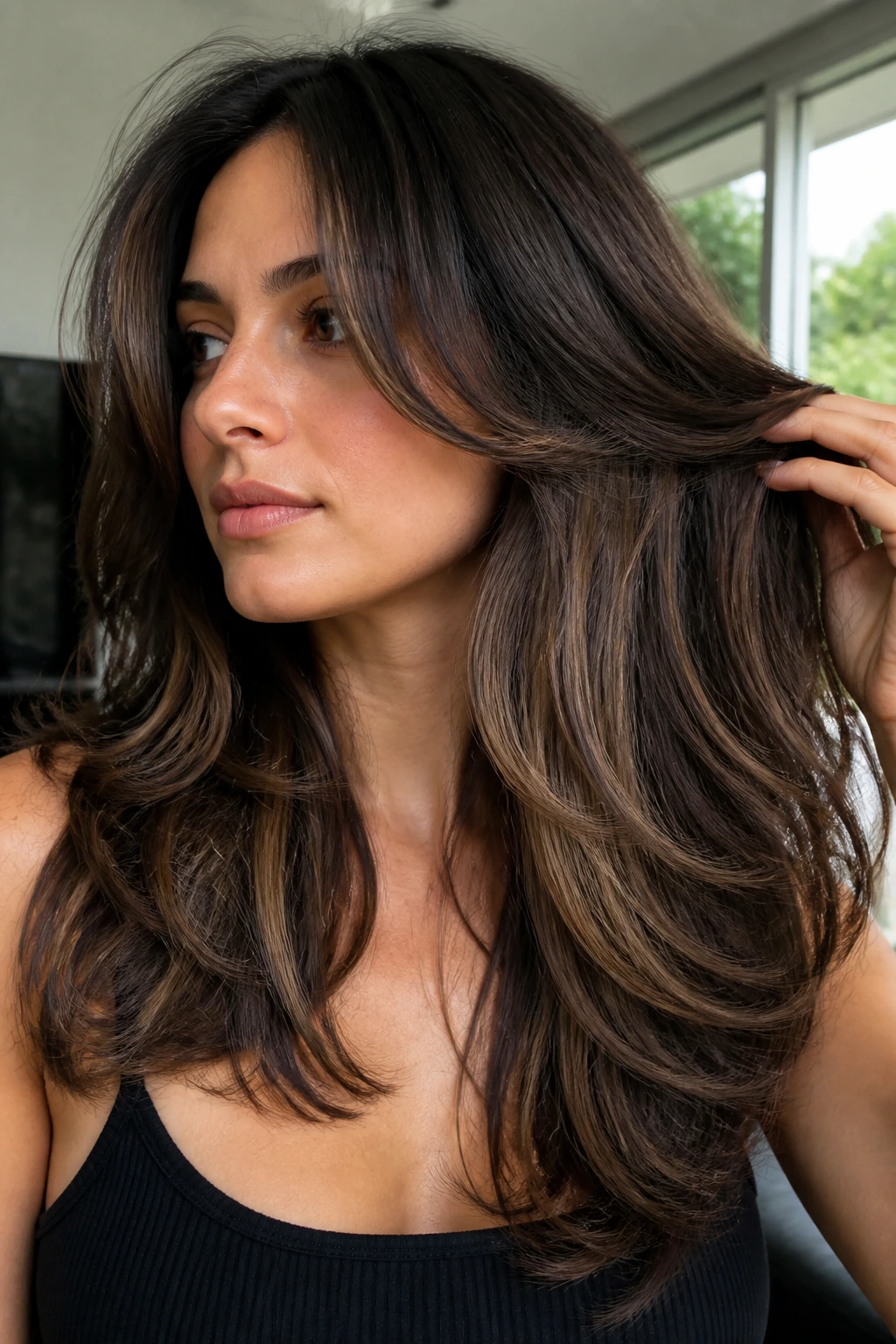 Close-up portrait of a real woman with invisible internal layers and mushroom brown lowlights in thick hair