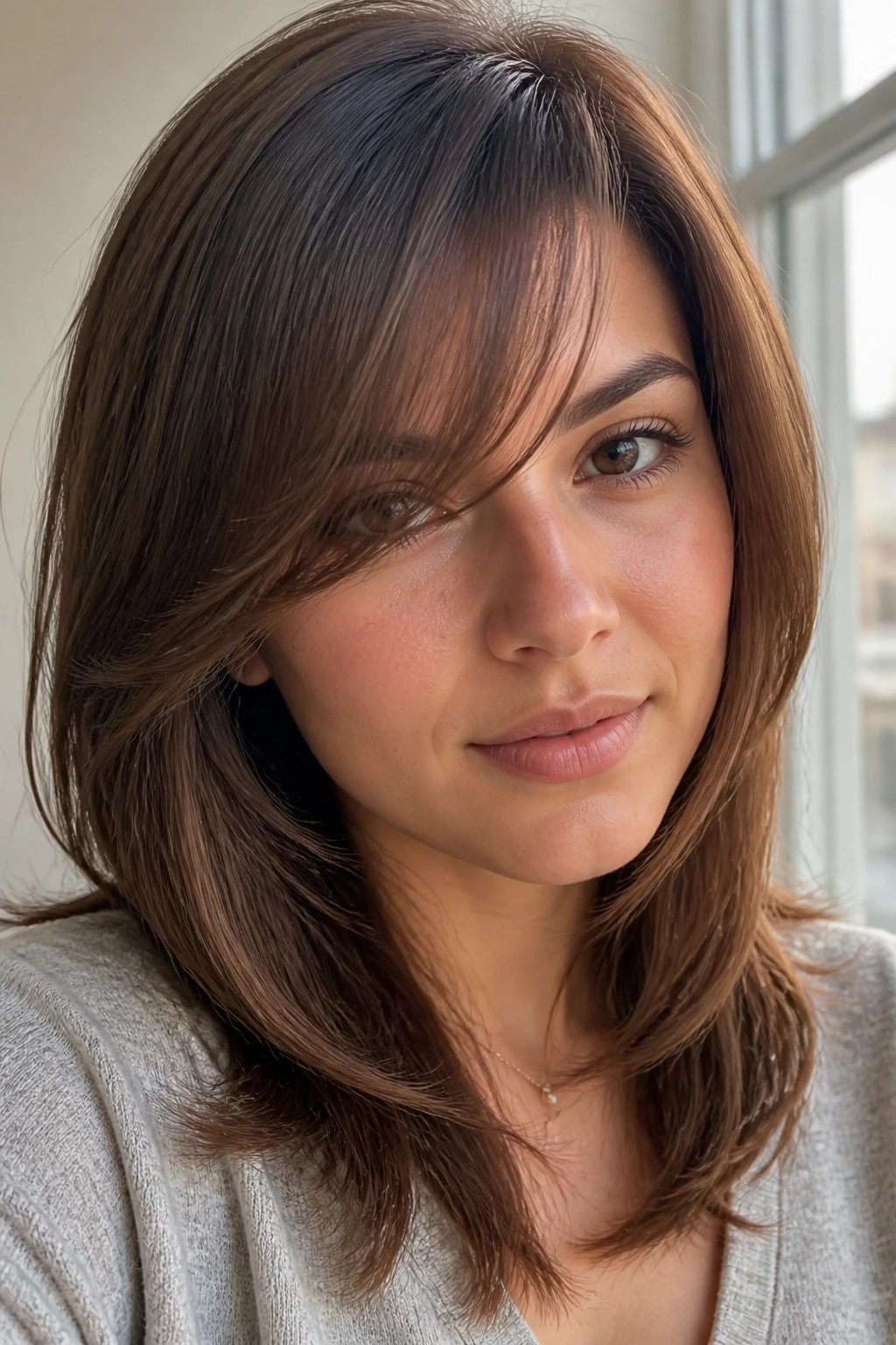 Close-up portrait showing invisible layers and a narrow side fringe