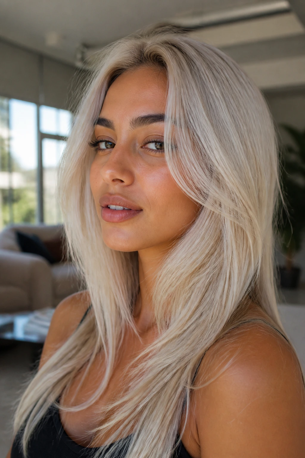 Close-up of a real woman with invisible layers and airy ends in platinum hair