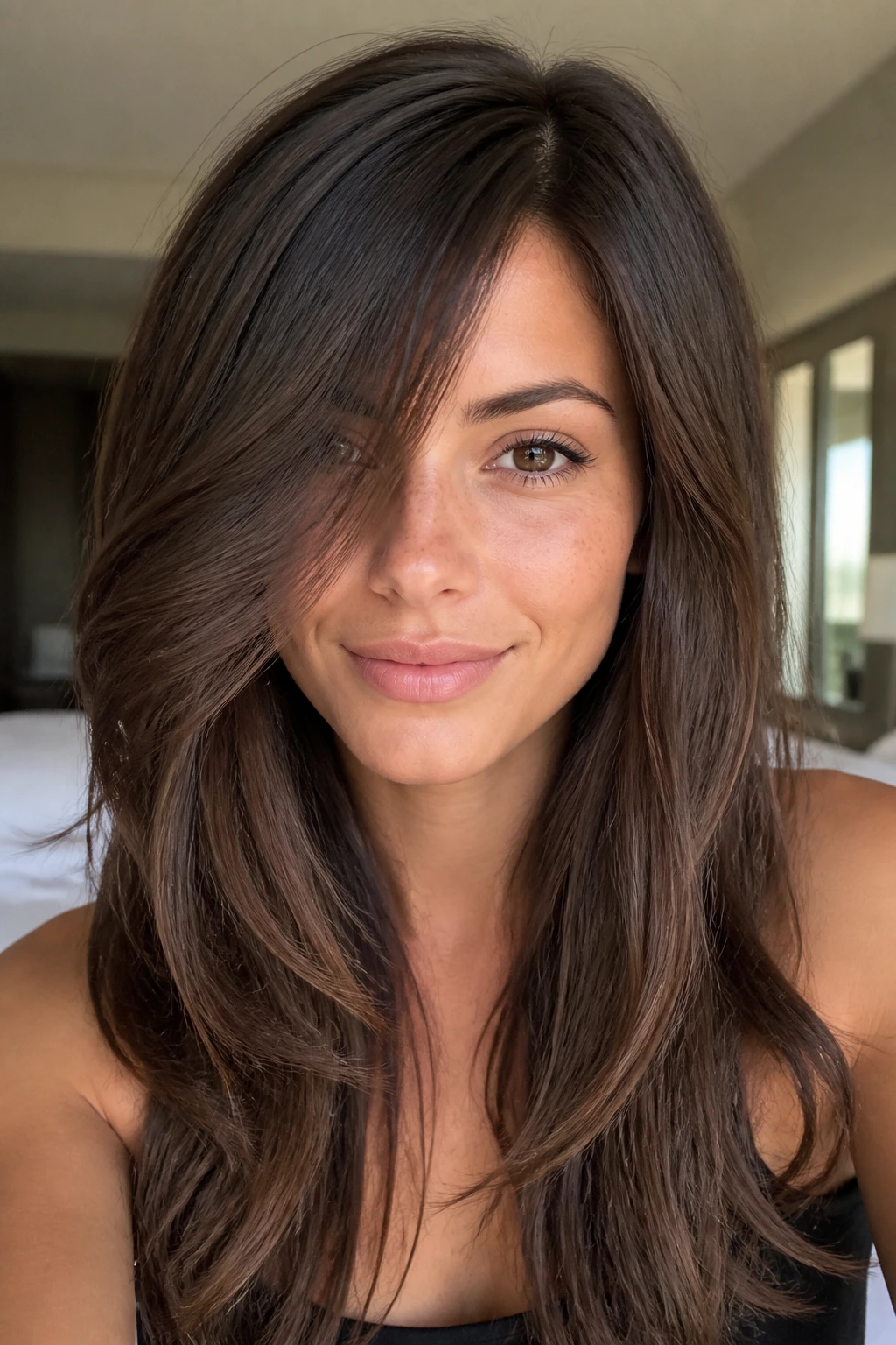 Real woman with subtle invisible layers and a quiet side part