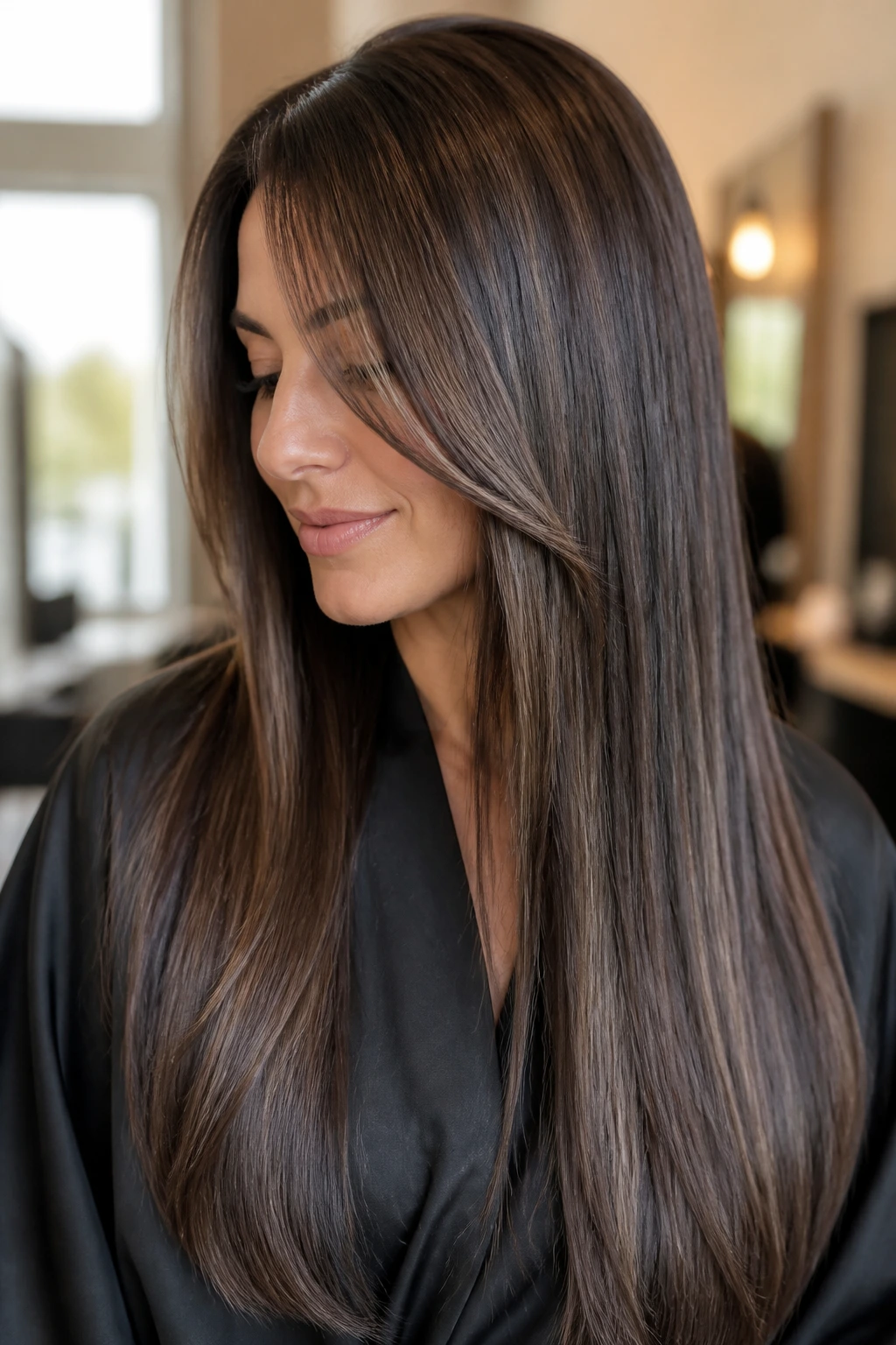 Close-up of a real woman with sleek long hair and shadow lowlights in a salon