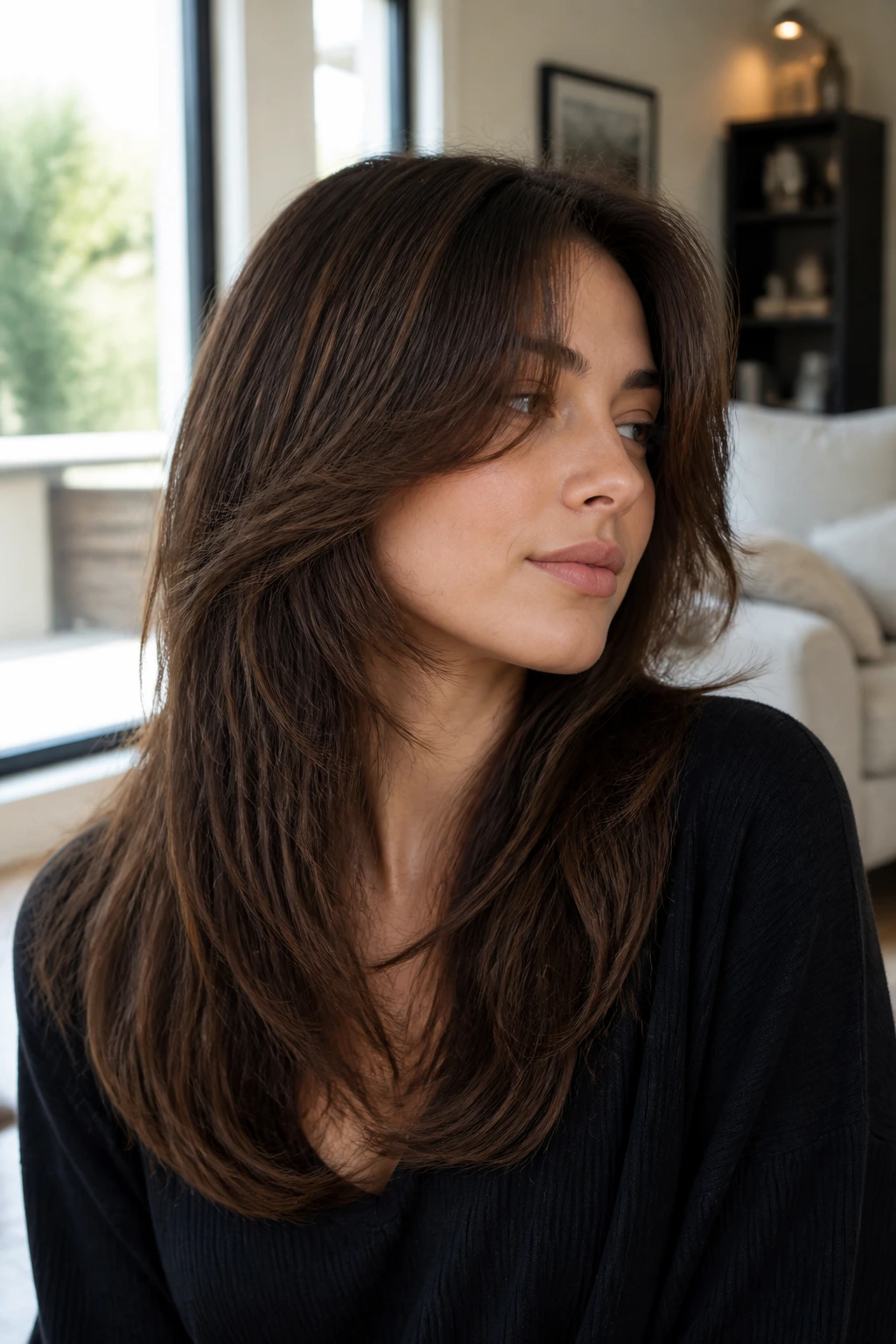 Real woman wearing invisible layers shag showing smooth surface and subtle movement