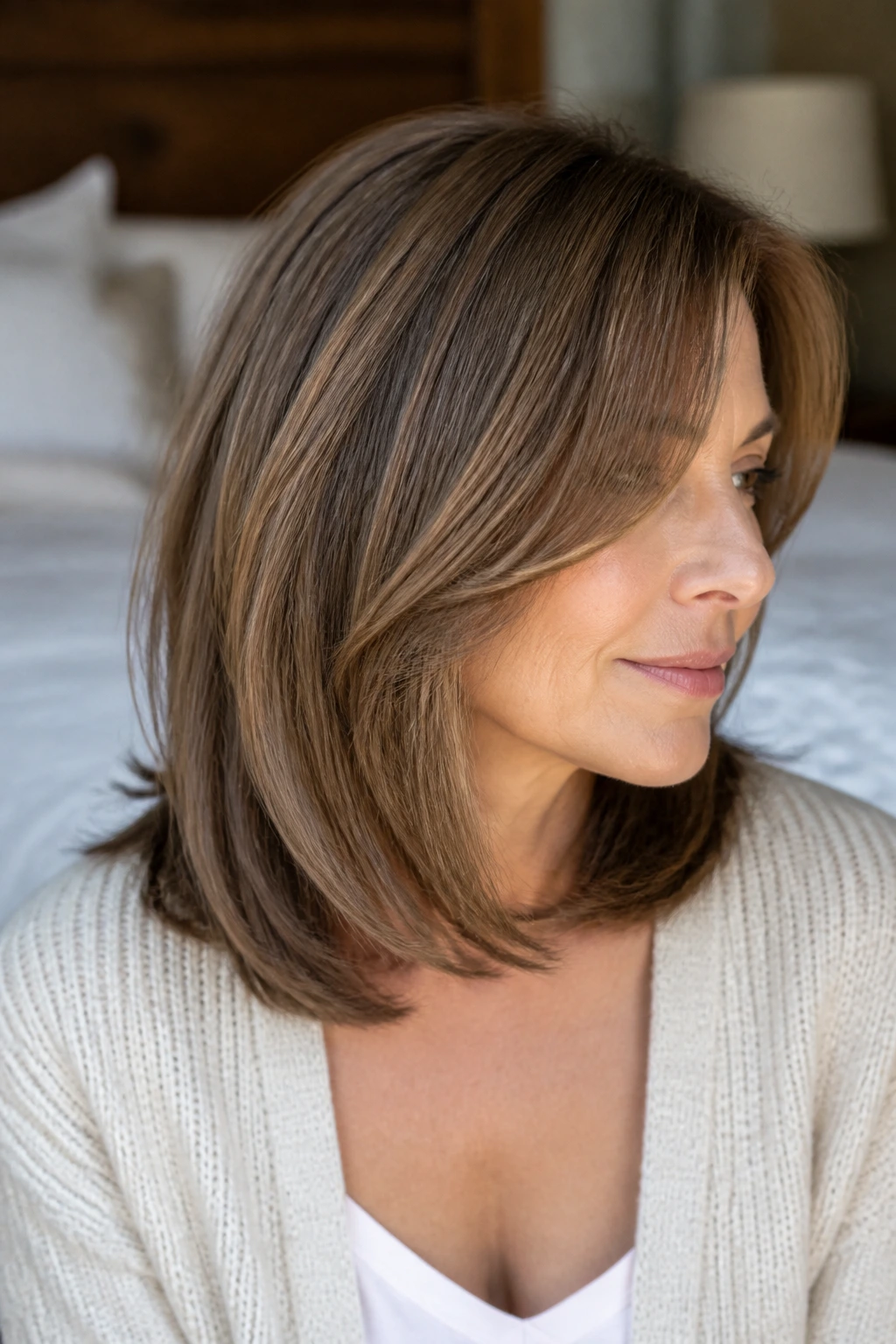Close-up of a real woman with invisible layers at shoulder length in soft morning light