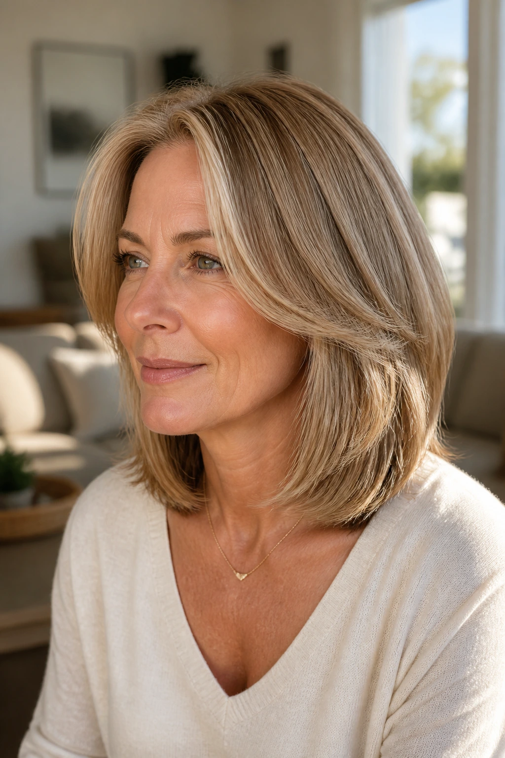 Medium close-up of a real woman in her 50s with shoulder-length invisible-layer cut