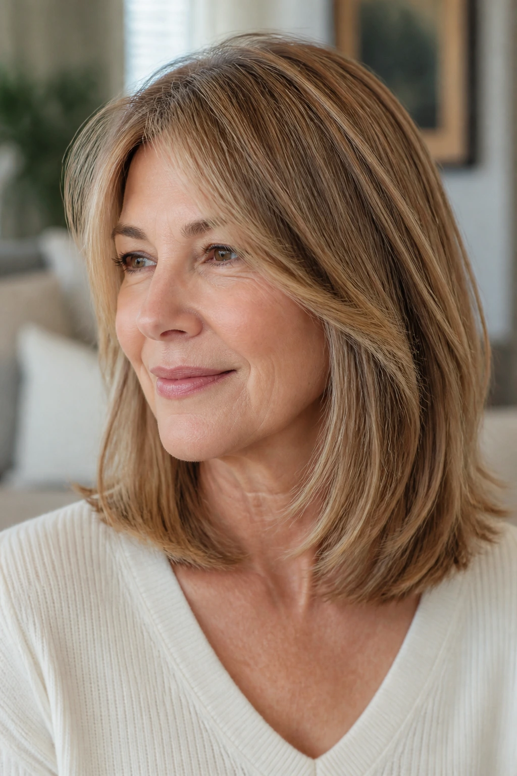 Shoulder-length hair with invisible layers on an older woman