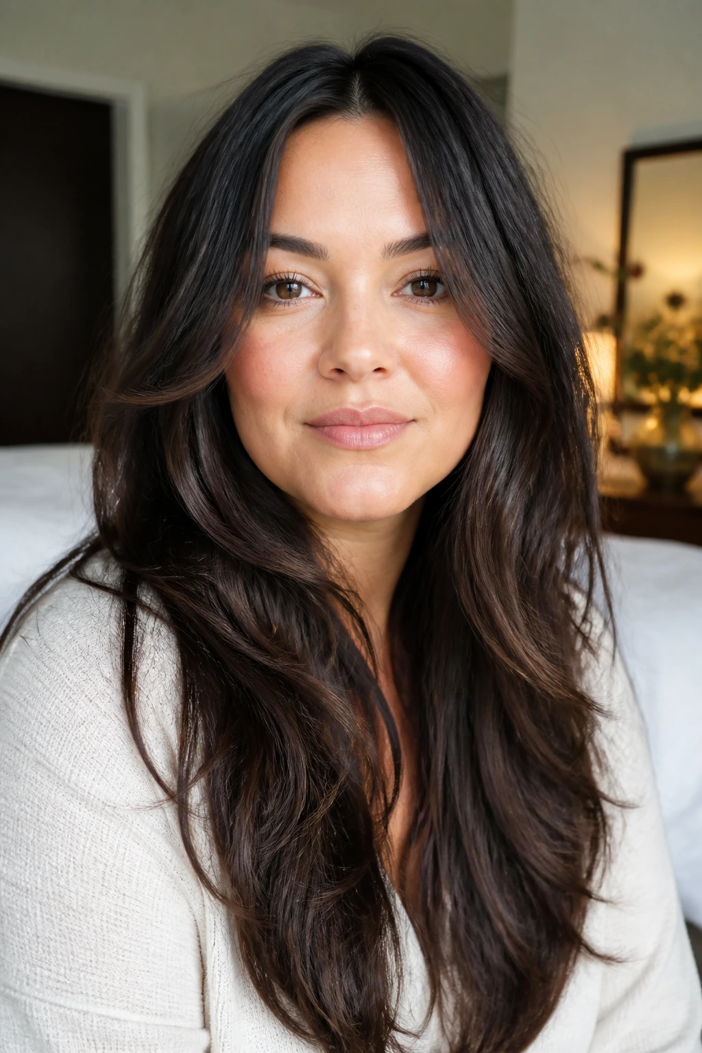 Close-up of a real woman showing invisible layers within long hair.
