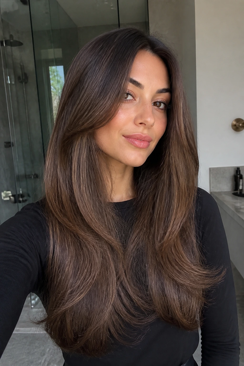 Real person with invisible layers for a sleek, seamless, long hairstyle.