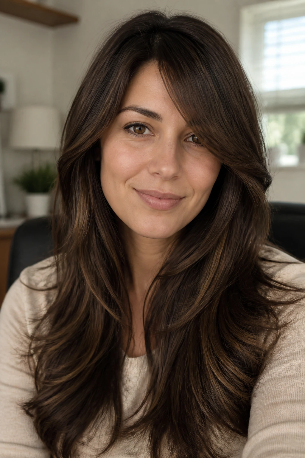 Close-up portrait of a real woman with invisible layers and smooth finish