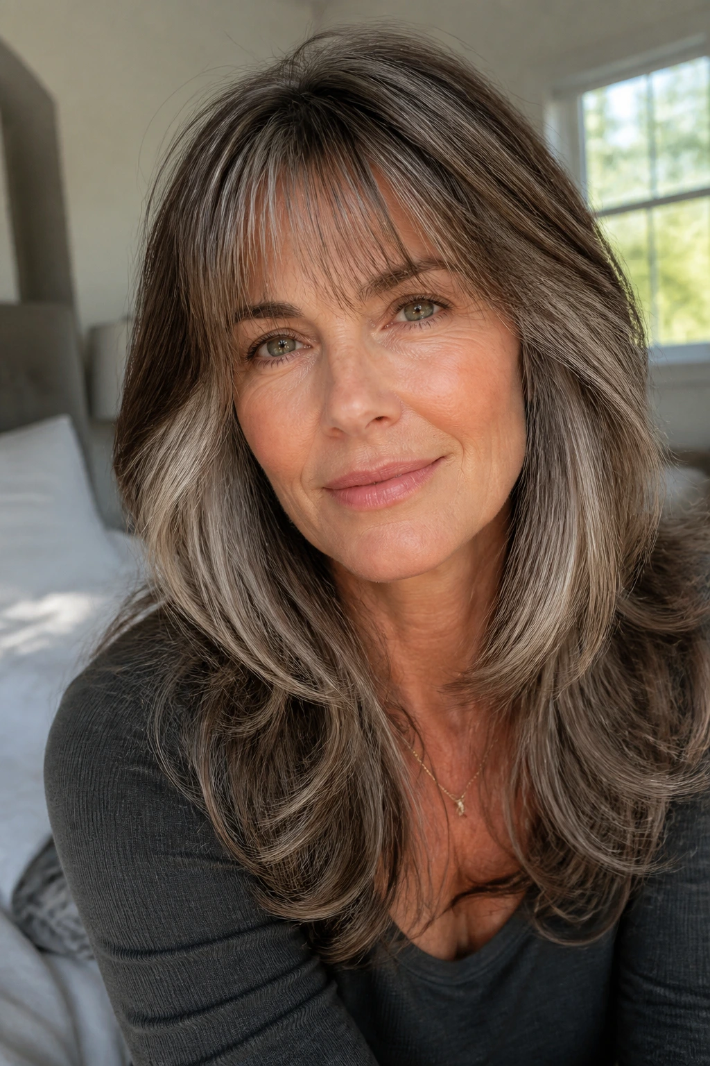 Close-up of a real woman with invisible layers and a soft fringe.