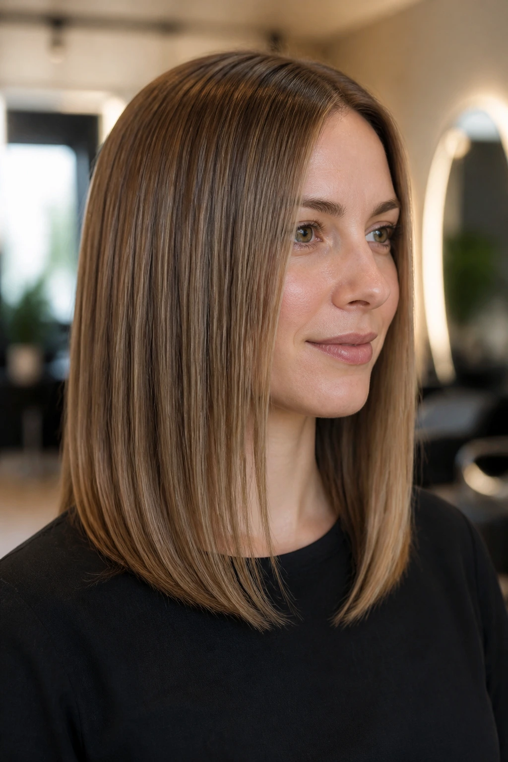 Close-up of a real woman with invisible interior layering giving movement while exterior stays sleek.