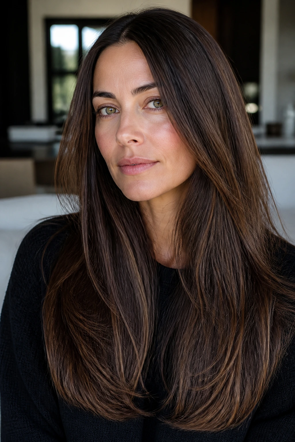 Close-up of a real woman with straight hair showing invisible layers and a slight bend at the ends.