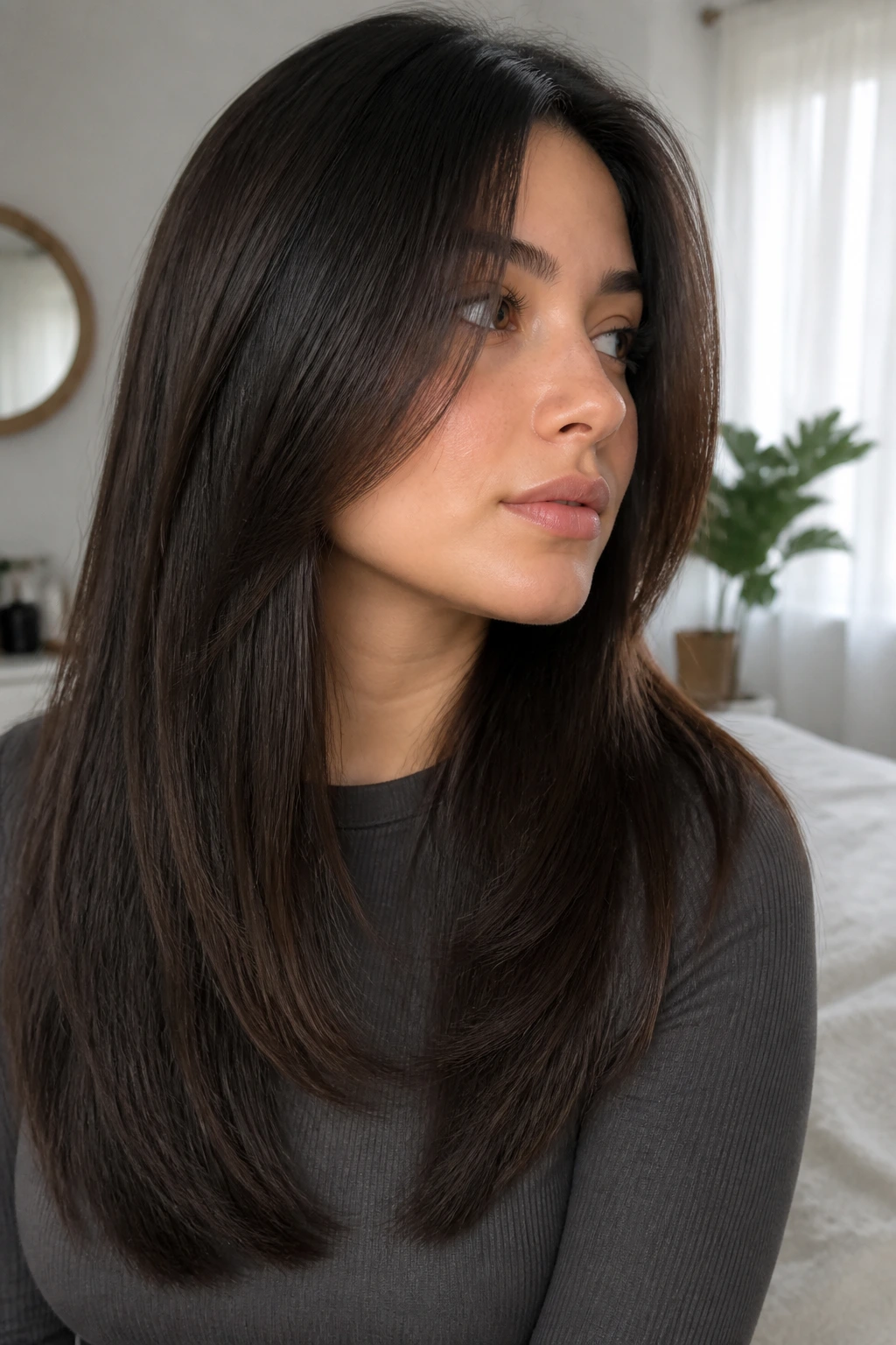 Close-up of invisible layers on straight thick hair, smooth movement on a real person