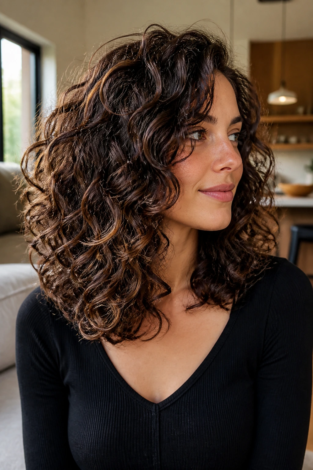 Thick curly hair with invisible layers on a real woman's head in a bright home
