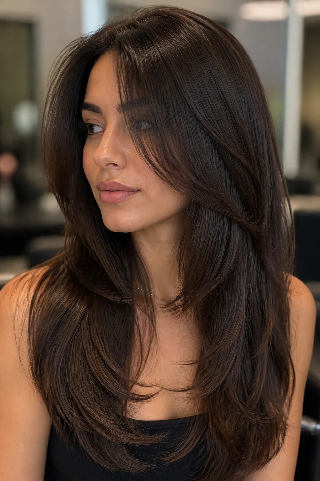 Portrait of a woman with invisible layers in thick hair showing interior shaping.