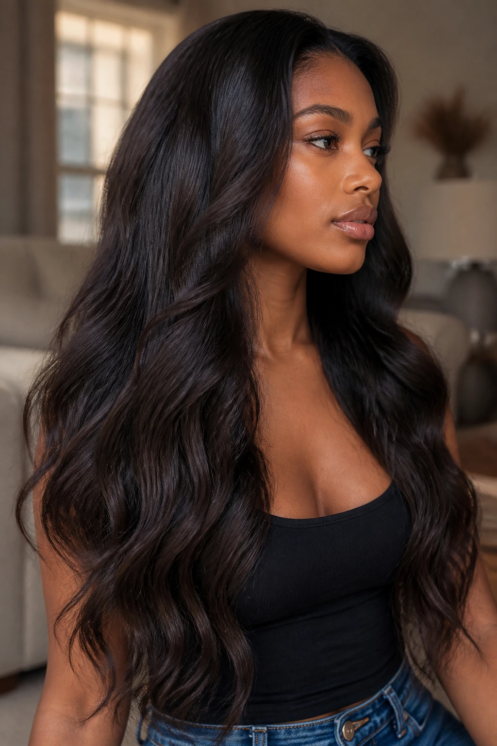 Close-up of a real woman with invisible layers in thick long hair and flowing waves
