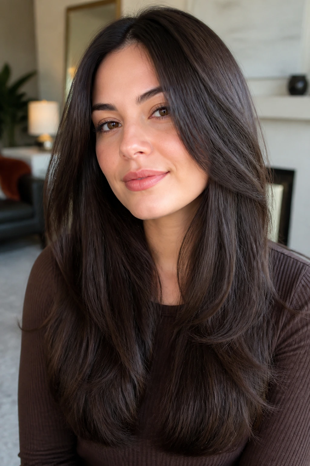Close-up portrait of real person with invisible layers in thick straight hair.