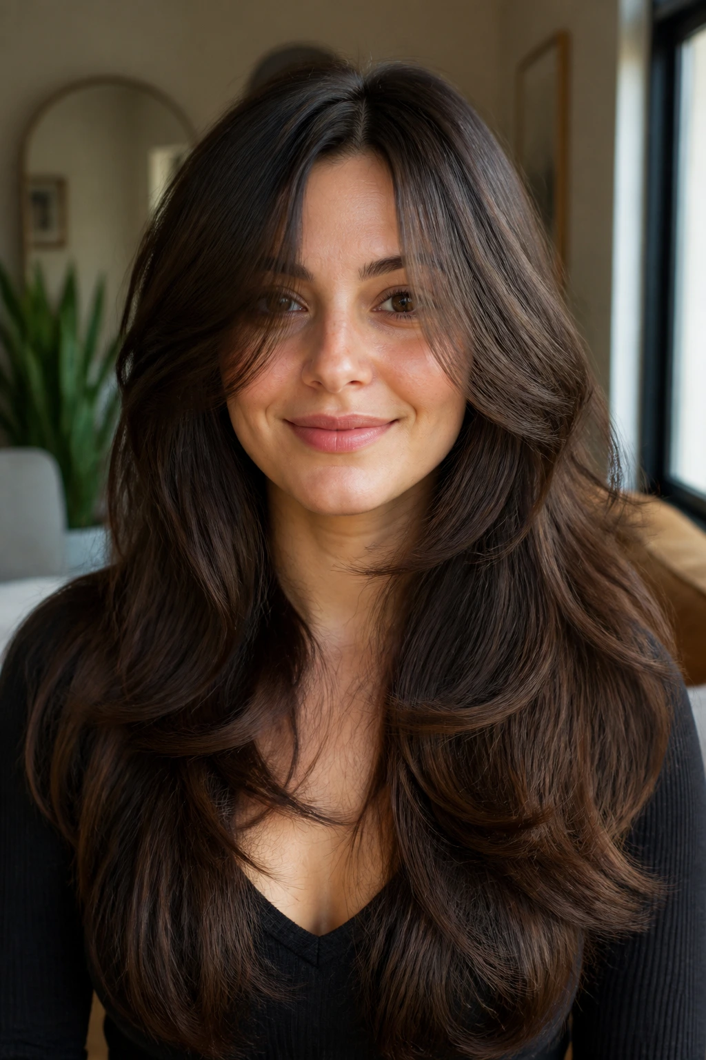 Close-up portrait of a real person with thick hair showing invisible layers to remove bulk