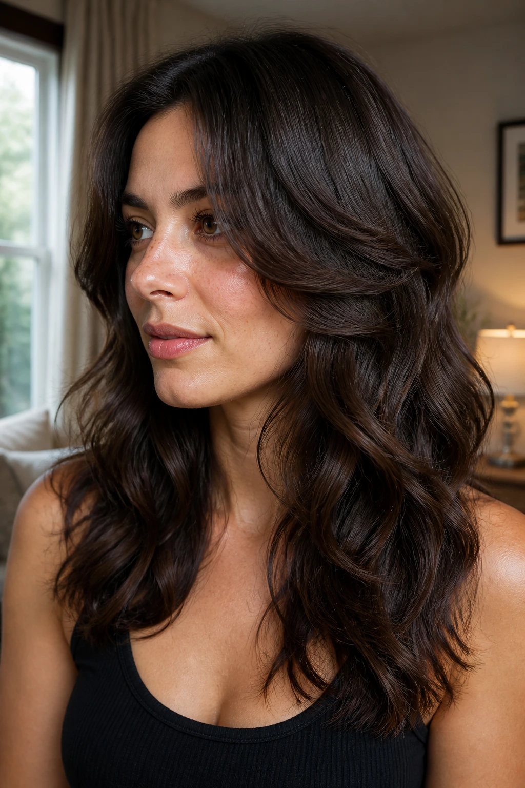 Close-up portrait of a real person with thick wavy hair showing invisible layers