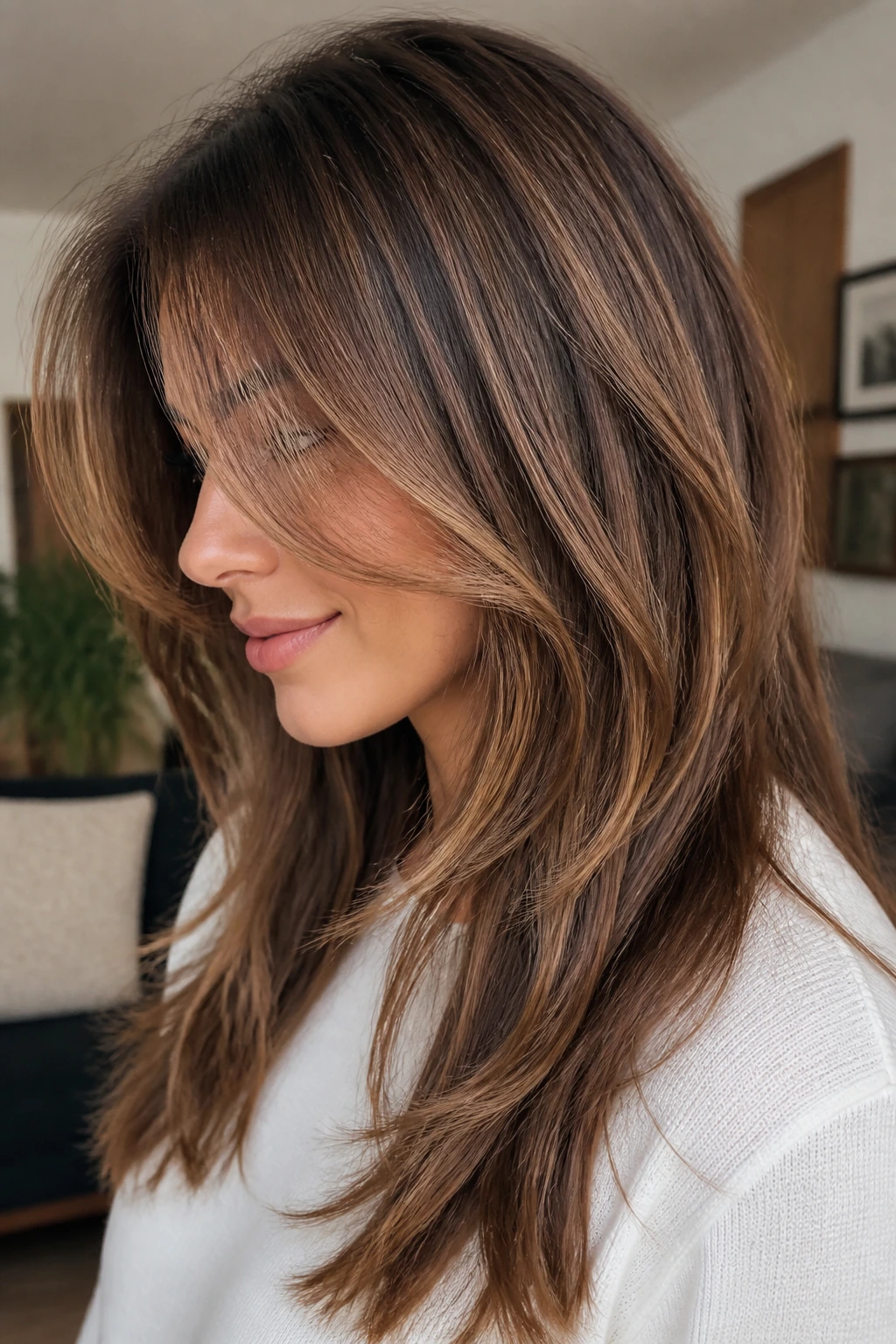 Long hair with invisible layers and toffee lowlights on a real person.
