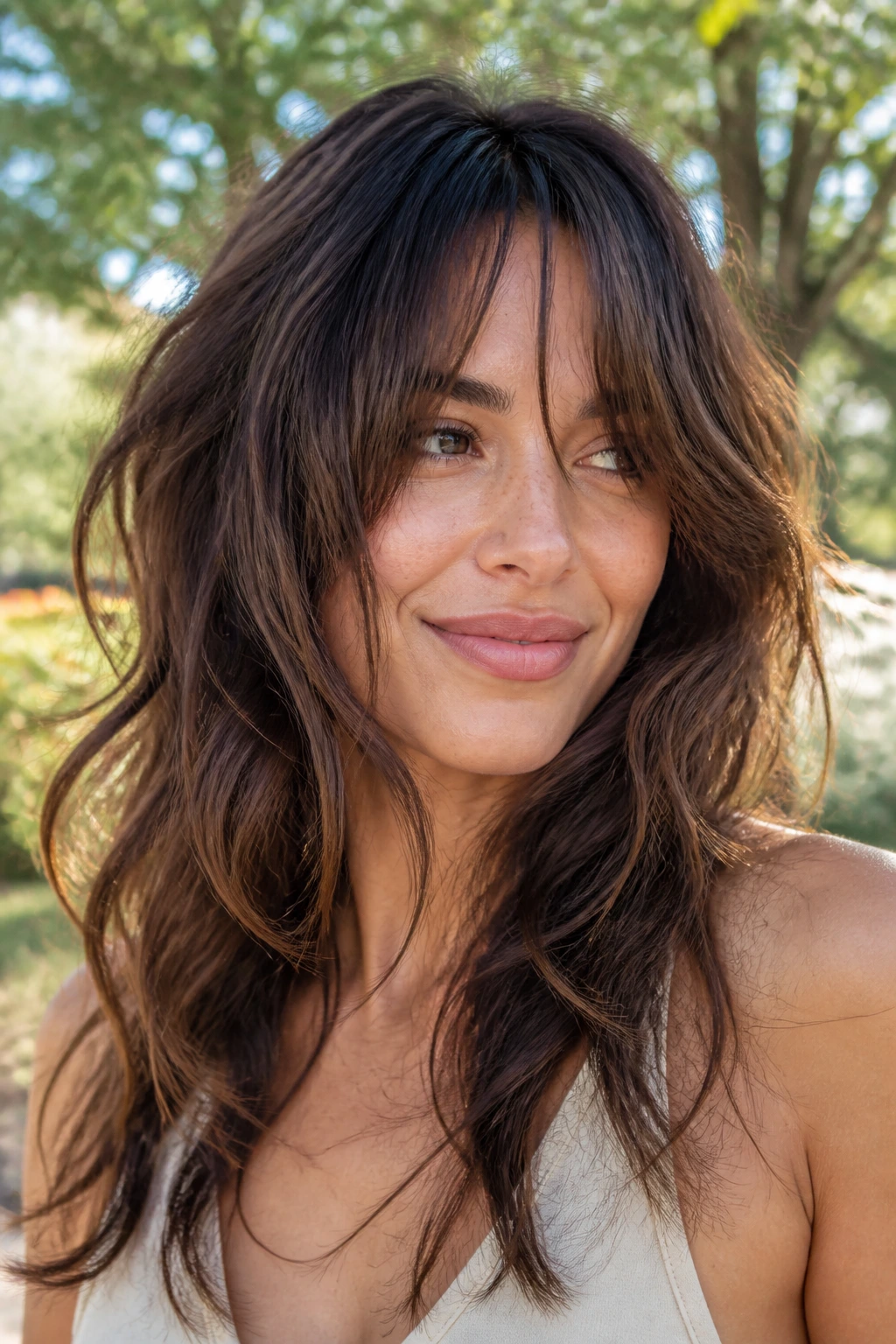 Real woman with invisible layers and air-dried waves outdoors.