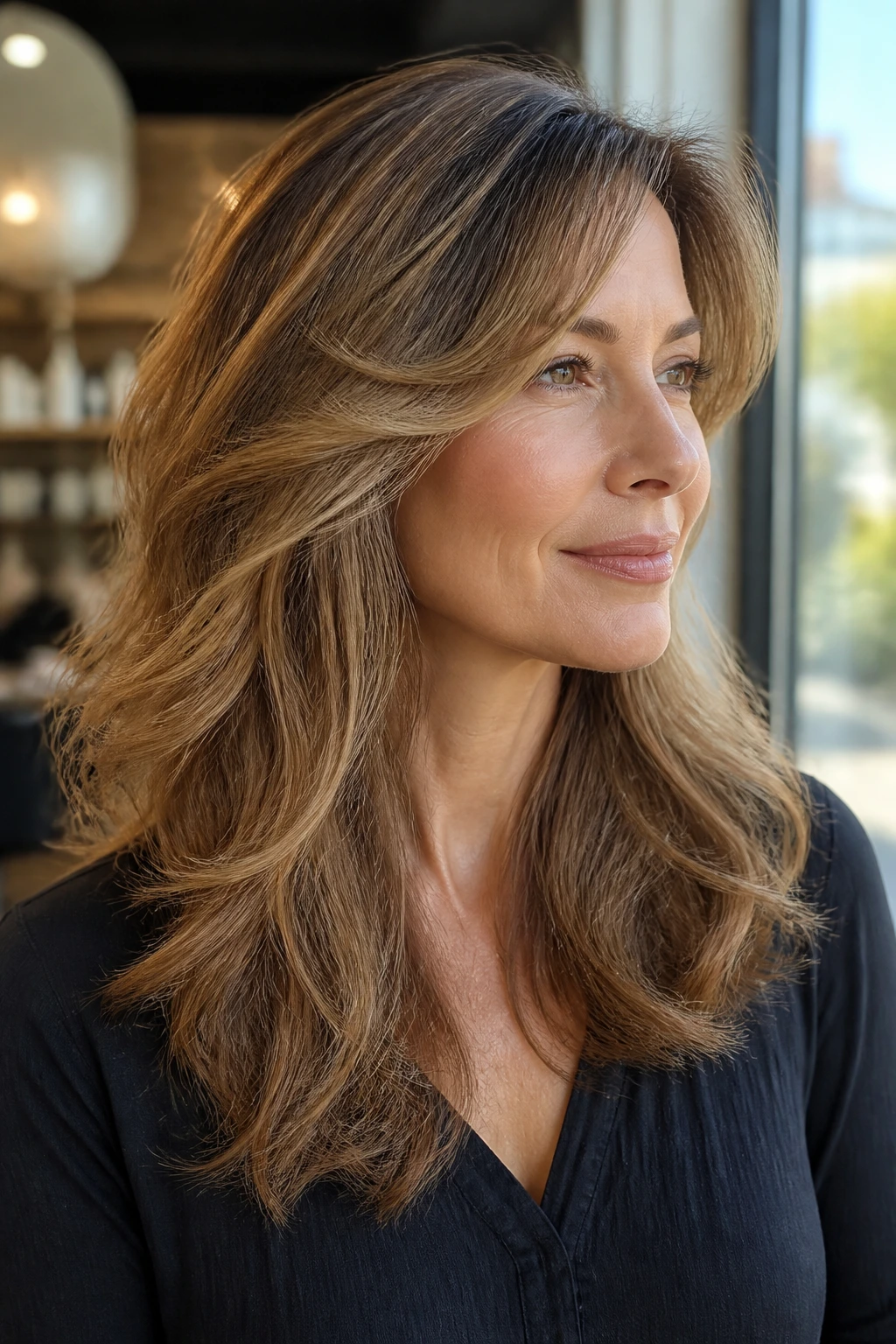 Close-up portrait of a real woman with fine wavy hair showing invisible internal layers in a sunlit salon