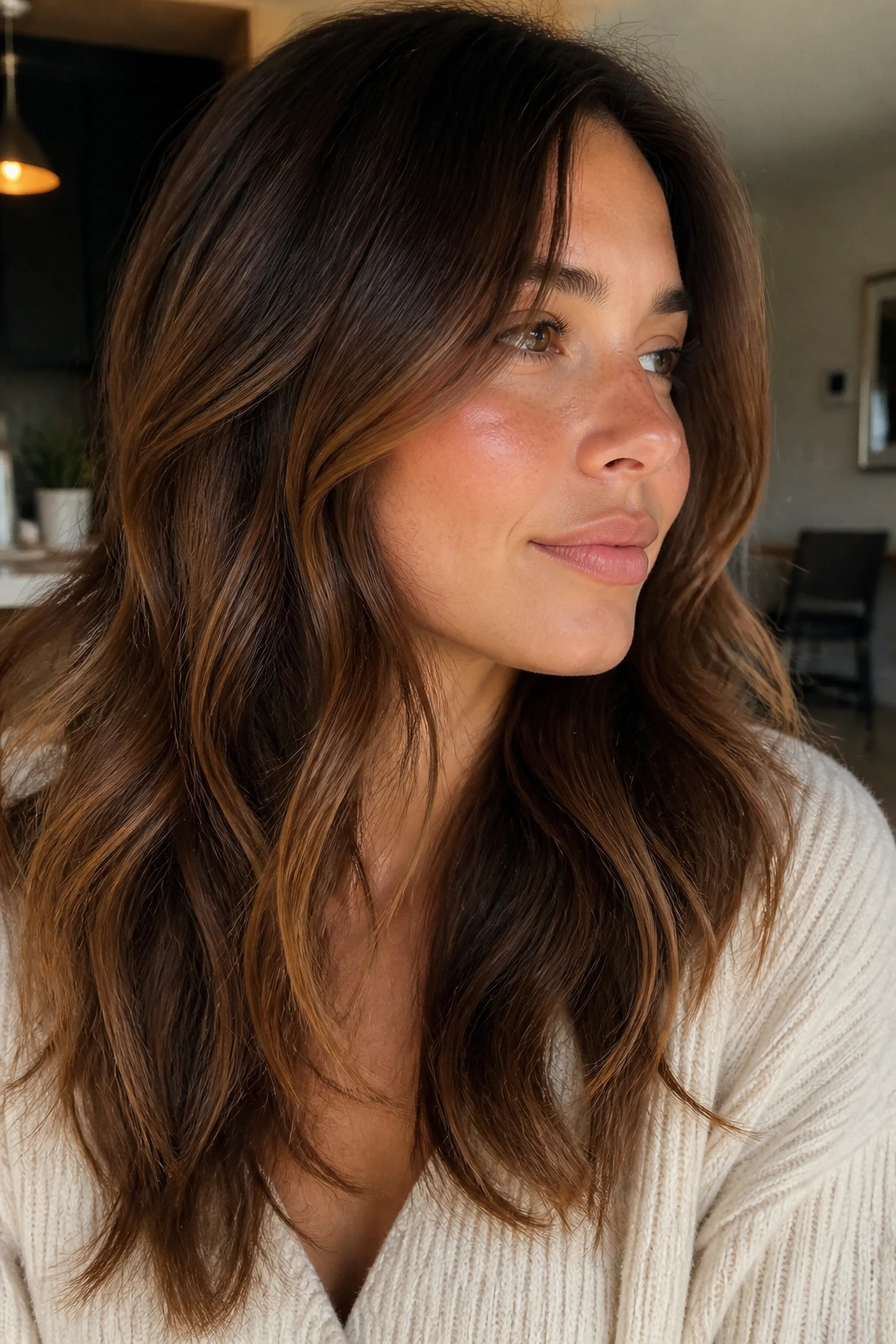 Portrait of person with invisible mid-length layers in long wavy hair