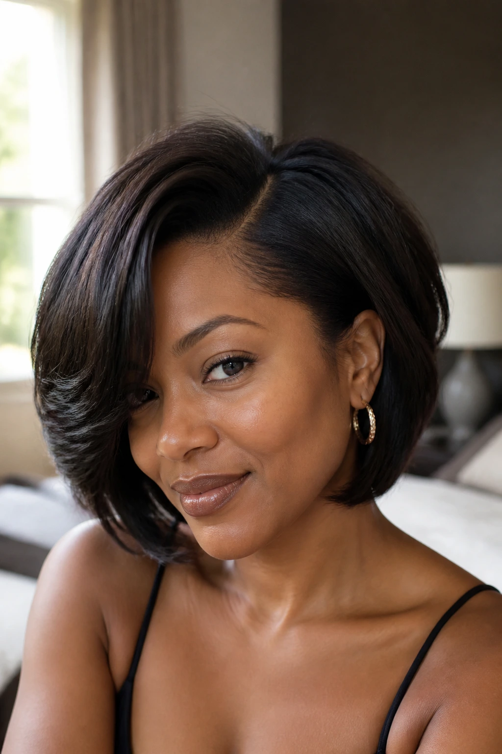 Close-up of a real woman with an invisible-part bob under soft natural light